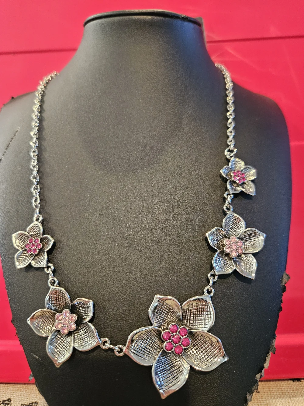 Silver Floral Necklace with Pink Crystal Centers